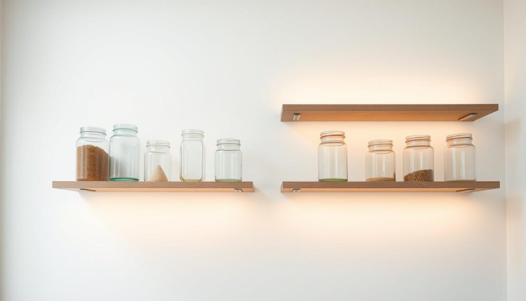 floating shelves with glass jars